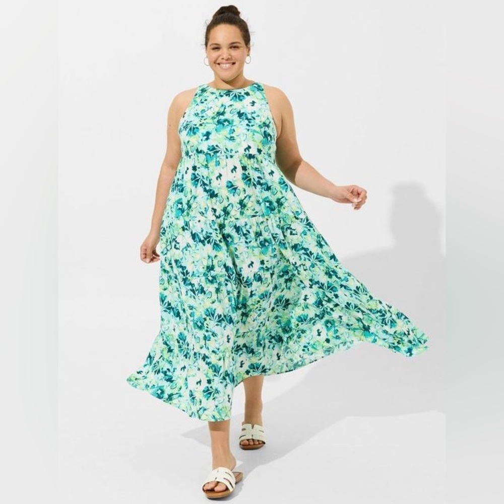 Torrid NWT watercolor green blue floral print maxi two tiered dress